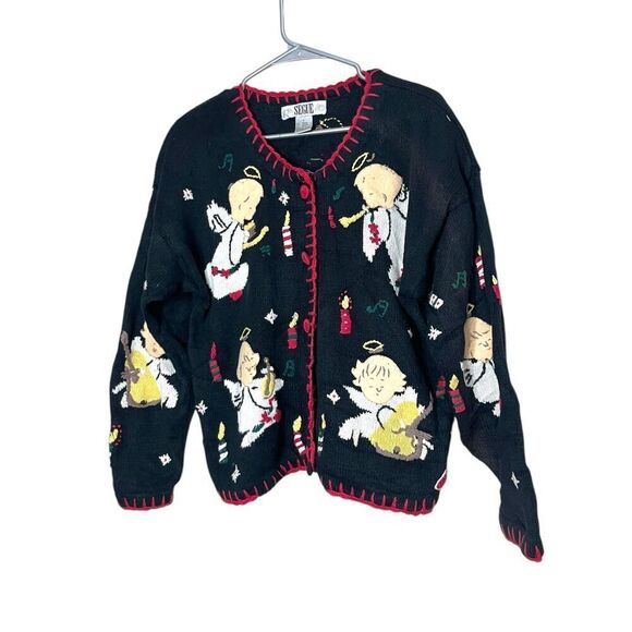 Vintage‎ Segue Black Christmas Angel Print Cardigan Sweater Size L - Picture 1 of 8